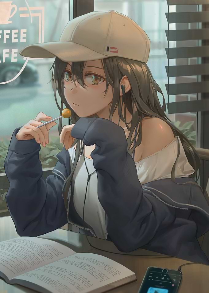 Anime girl with lollipop at cafe