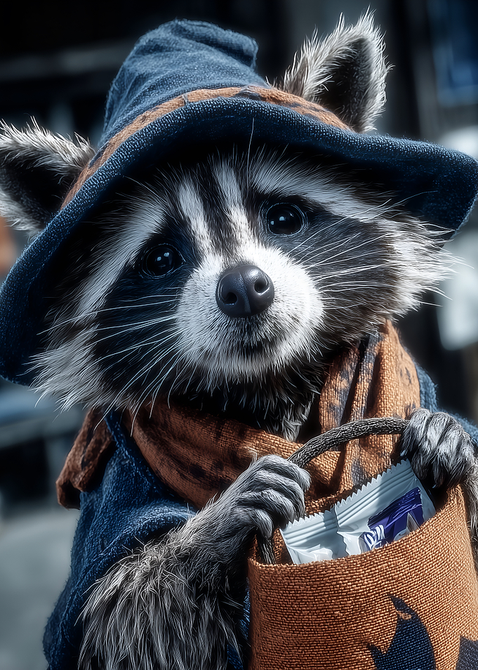 Raccoon in Halloween Costume Holding Candy Bag