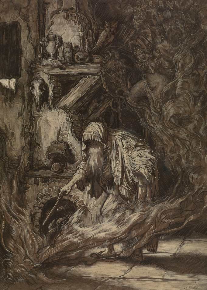 Wizard tending a magical fire