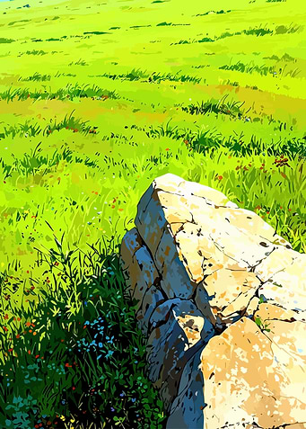 Vibrant Green Meadow with Rock