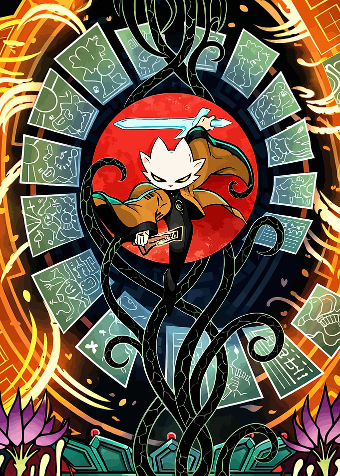 Cat Warrior with Sword and Tarot Cards