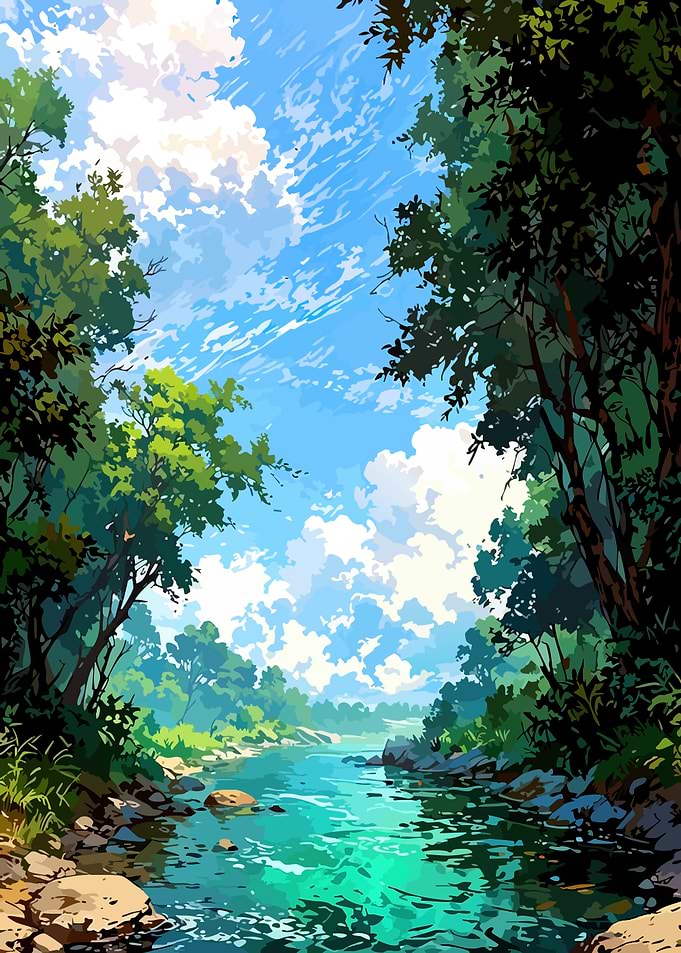 Serene Forest River Under Blue Sky