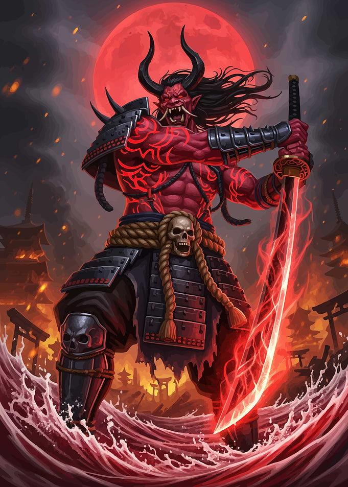 Red Oni Samurai with Glowing Sword