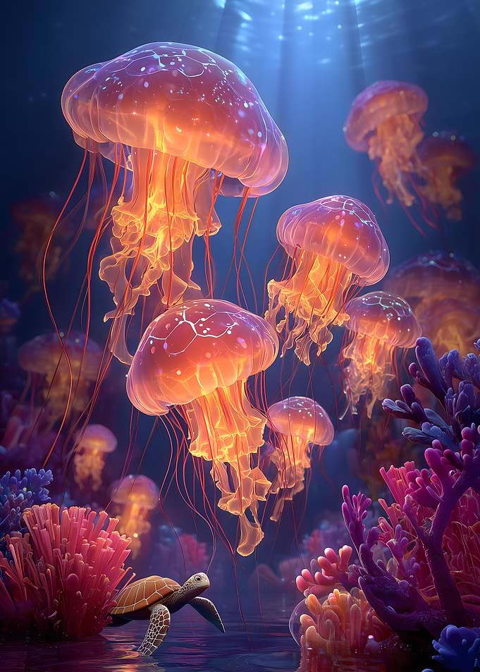 Jellyfish and Turtle Underwater Scene