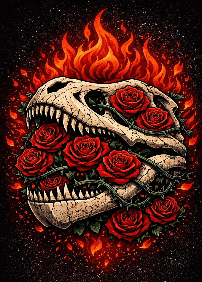 Dinosaur Skull with Roses and Flames