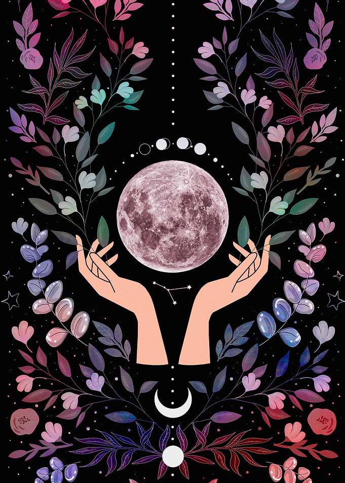 Mystical Moon and Hands Floral Art
