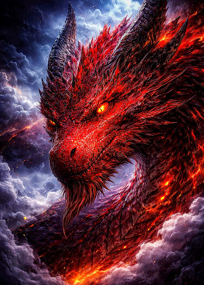 Fiery Red Dragon in Stormy Skies