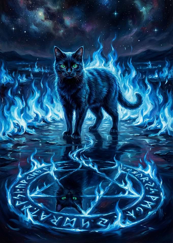 Black Cat in Blue Flames