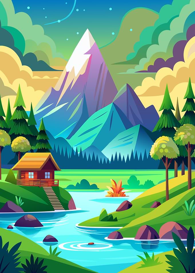 Pixel Art Mountain Cabin Landscape