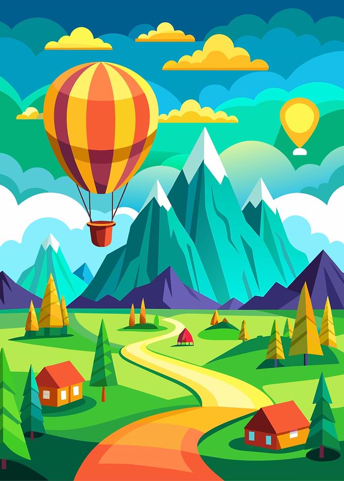 Hot Air Balloon Over Mountains