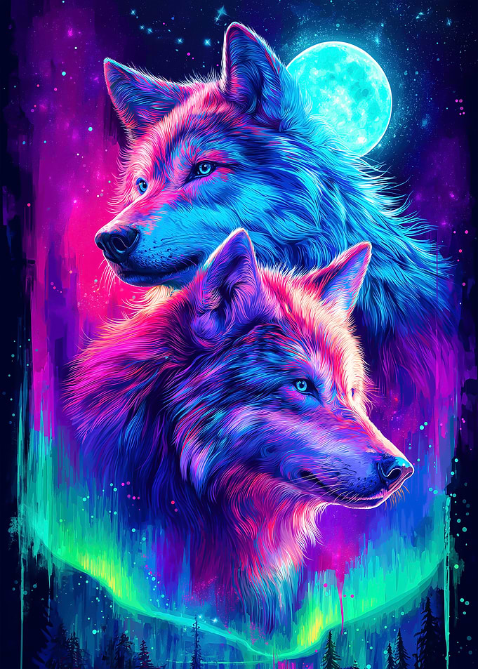 Painted Two Neon Wolves