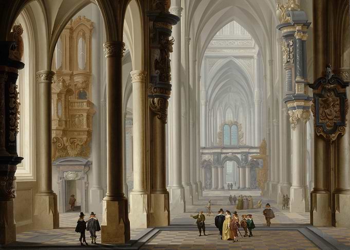Interior of a Grand Cathedral with People