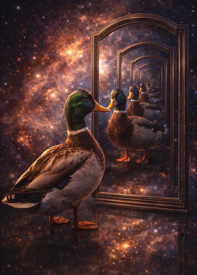 Meme Absurd Duck in a cosmic mirror hall