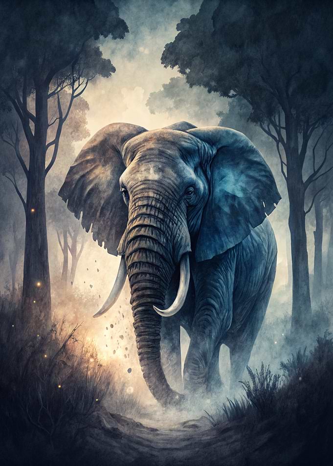 Elephant in a Misty Forest