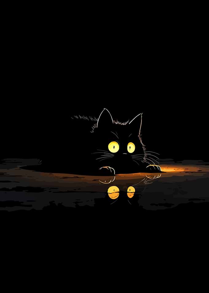 Black Cat with Glowing Eyes in Darkness