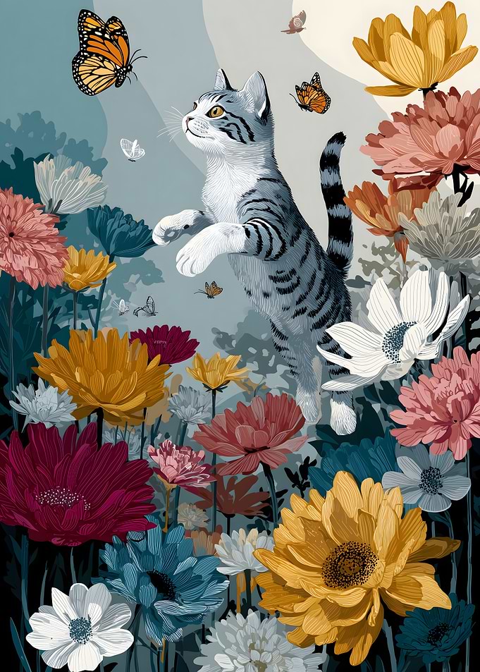 tabby Cat in a field of flowers