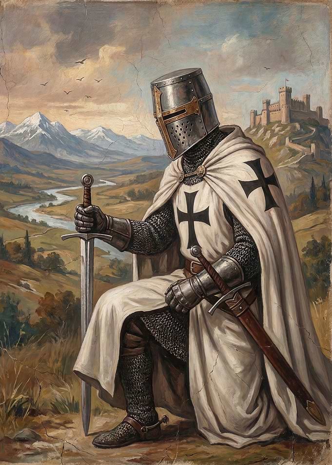 Knight in Armor with Sword and Castle