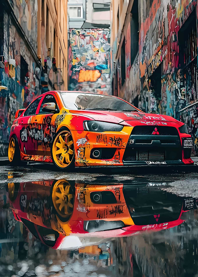 Graffiti-covered Mitsubishi Evo in alley