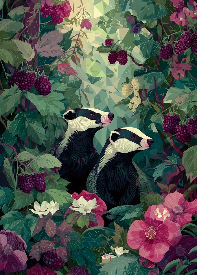 Two Badgers in a Berry Bush