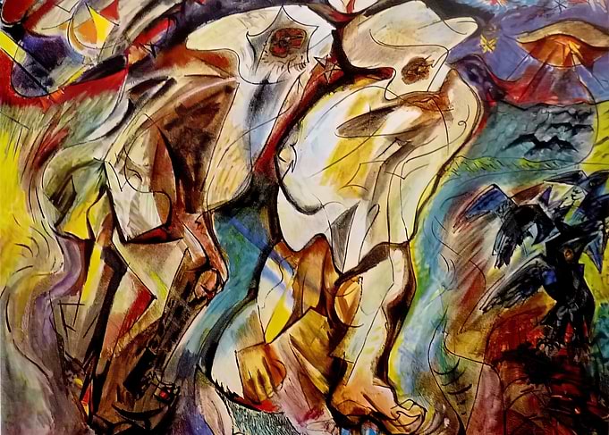 Abstract figures with birds and vibrant colors