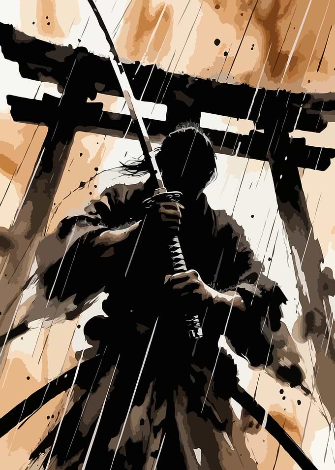 Samurai Warrior in the Rain Ink