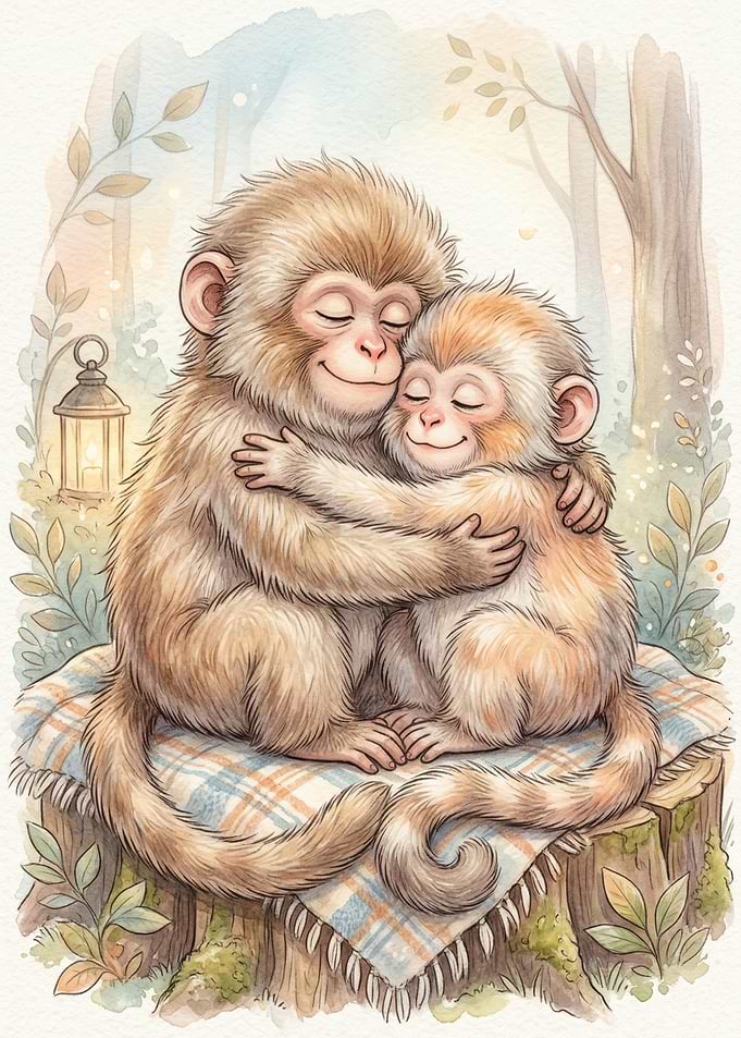 Two Monkeys Hugging in Forest