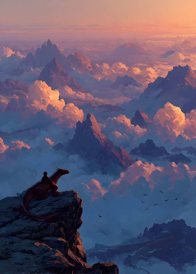 Dragon Rider Overlooking Mountain Clouds