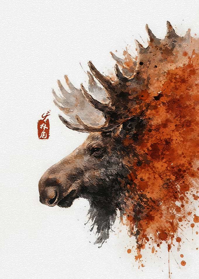 Watercolor Moose Portrait with Red Seal