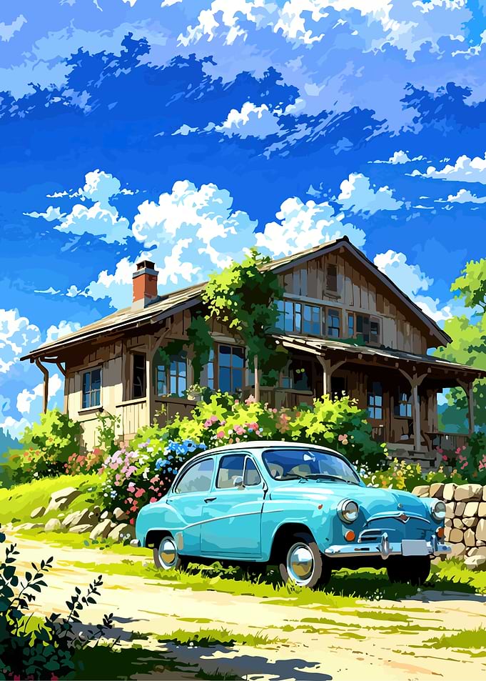 Vintage Car in Front of a Rustic House