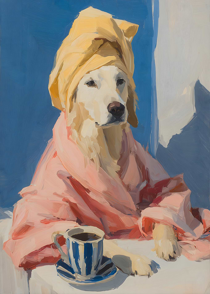 Dog in Robe with Coffee