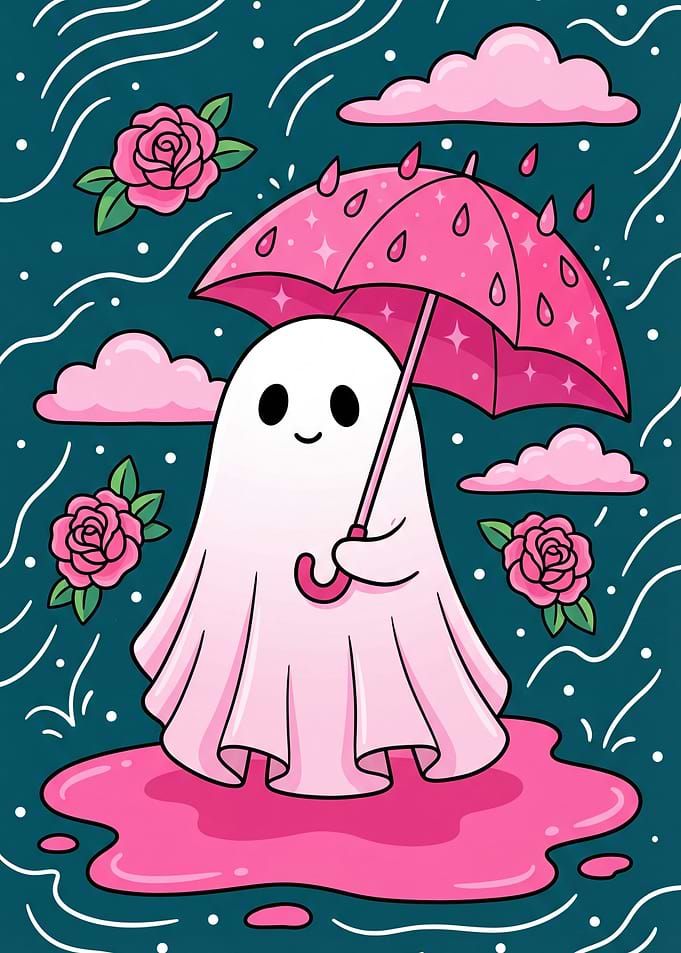 Cute Ghost with Pink Umbrella in Rain