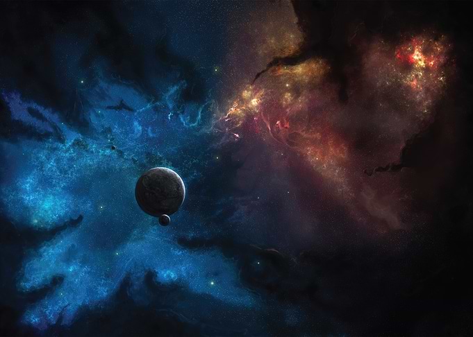 Cosmic Nebula with Planets and Spaceship