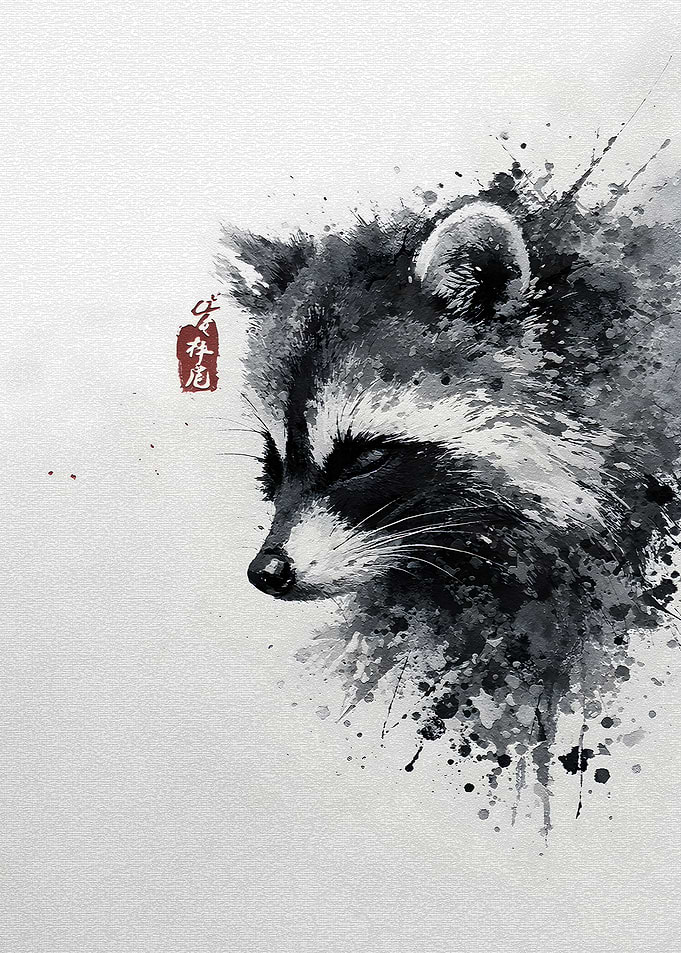 Watercolor Raccoon Portrait with Red Seal