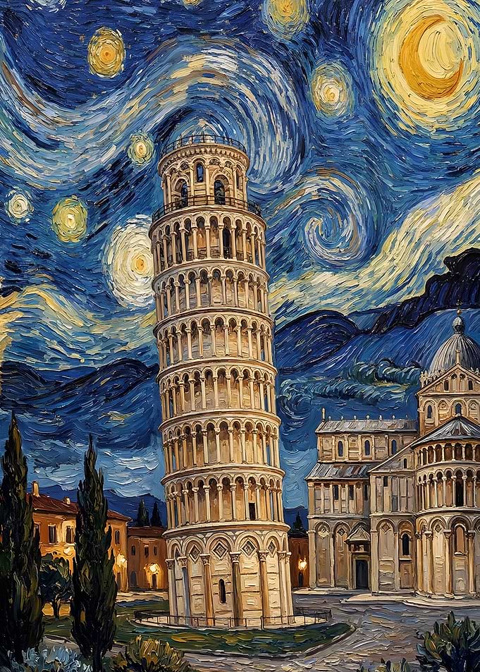 Leaning Tower of Pisa in Starry Night Style