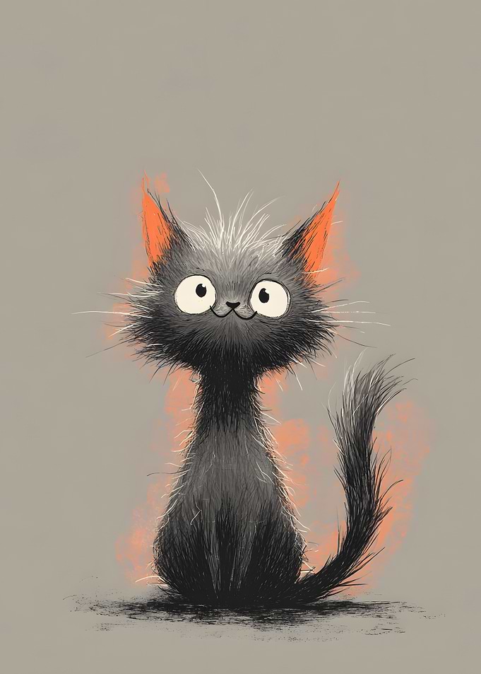 Cute Fluffy Black Cat Illustration