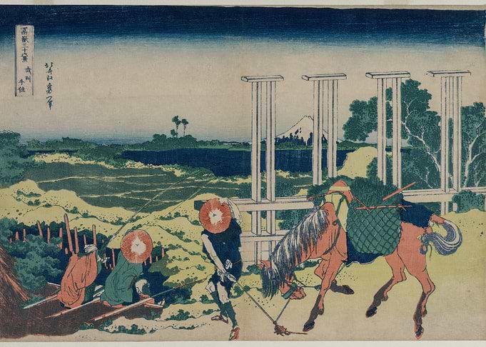 Ukiyo-e print of travelers and horse