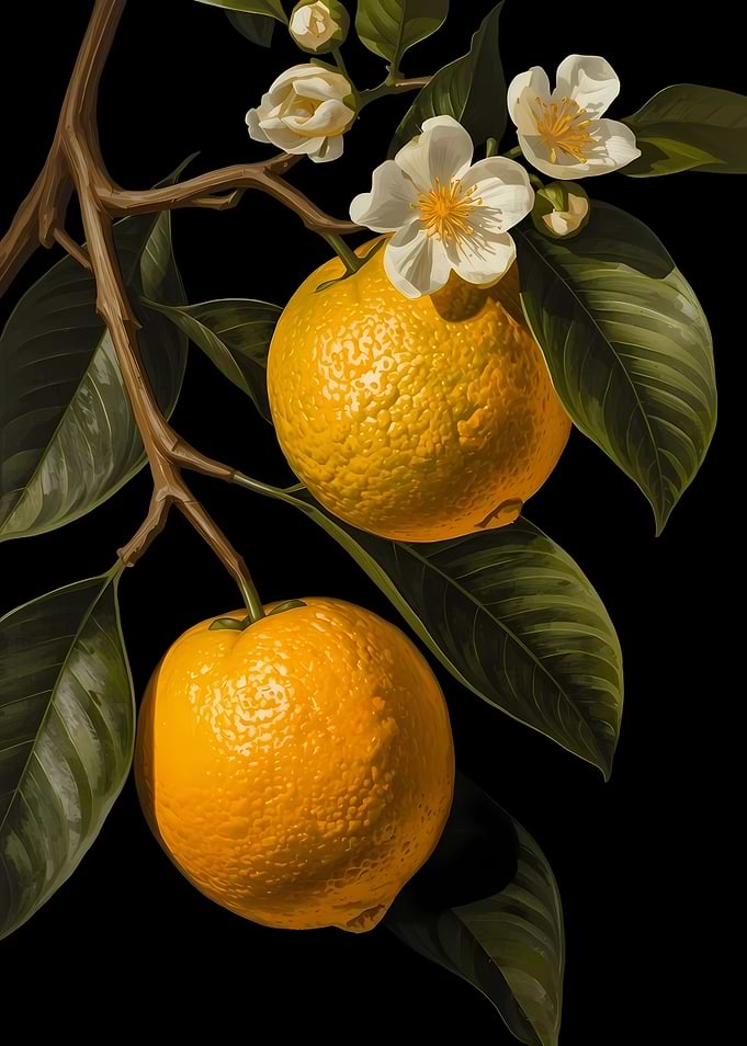Bergamot Orange Tree Branch with Fruit and Flowers