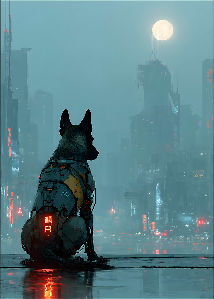 Cyberpunk Dog in Futuristic City
