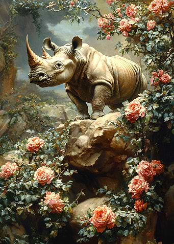 Rhinoceros amidst blooming roses