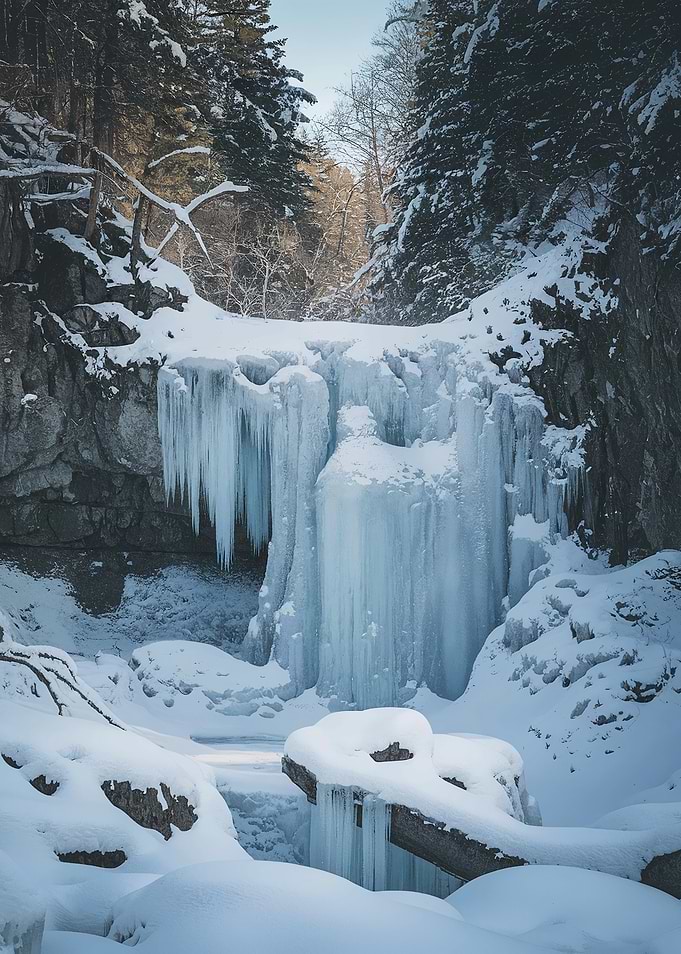 Frozen Waterfall in Winter Forest