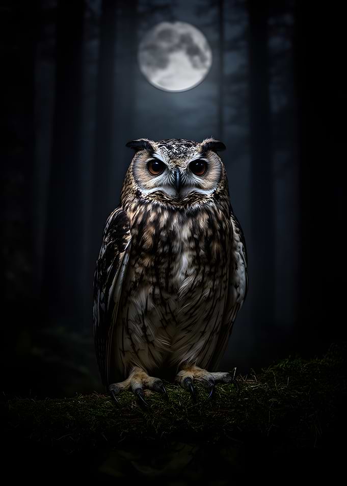 Owl in a moonlit forest