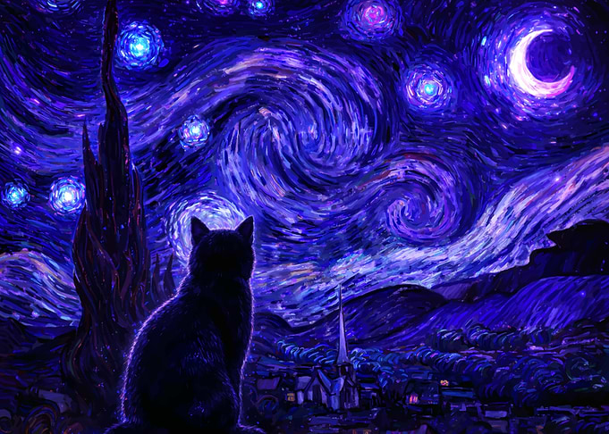 Cat Gazing at Starry Night Sky