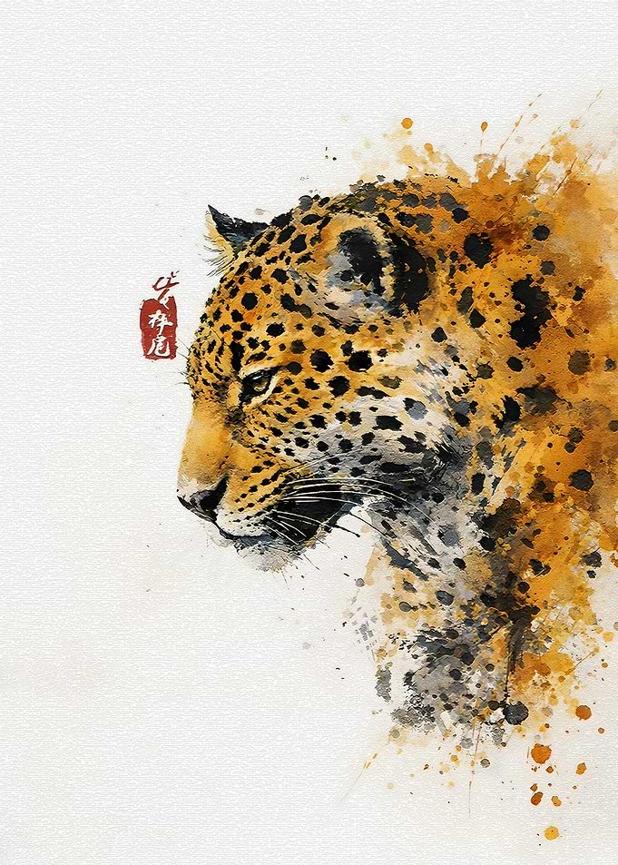 Watercolor Jaguar Portrait with Asian Seal