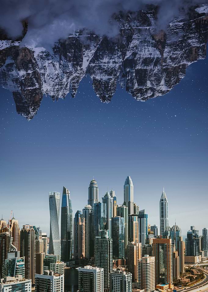 Surreal Cityscape and Mountains
