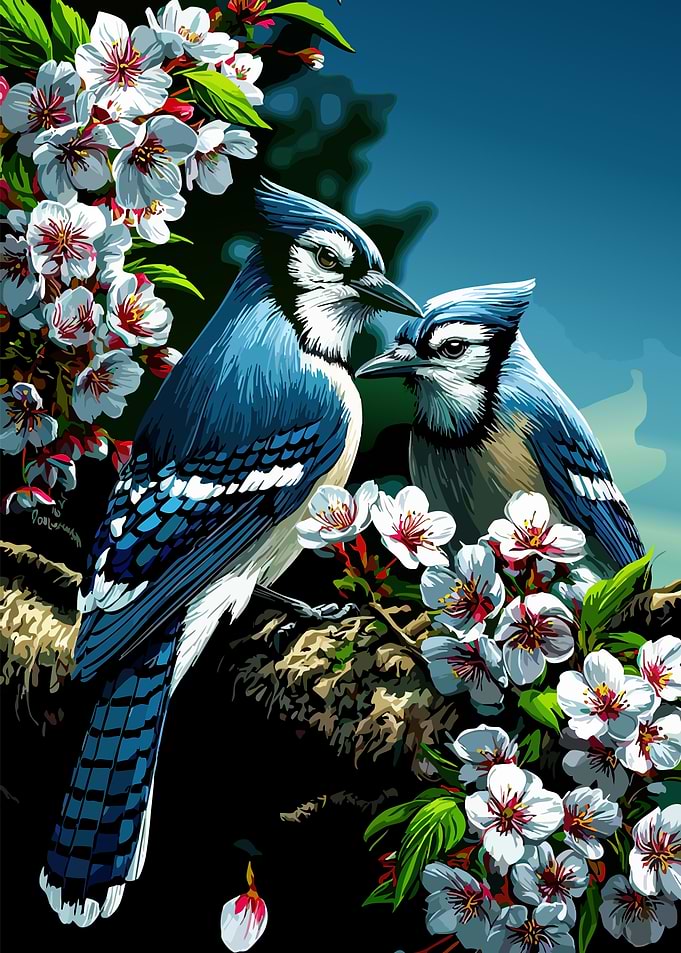 Two Blue Jays on a Branch with Flowers