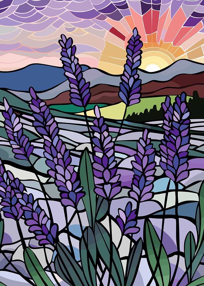 Stained Glass Lavender Field at Sunset