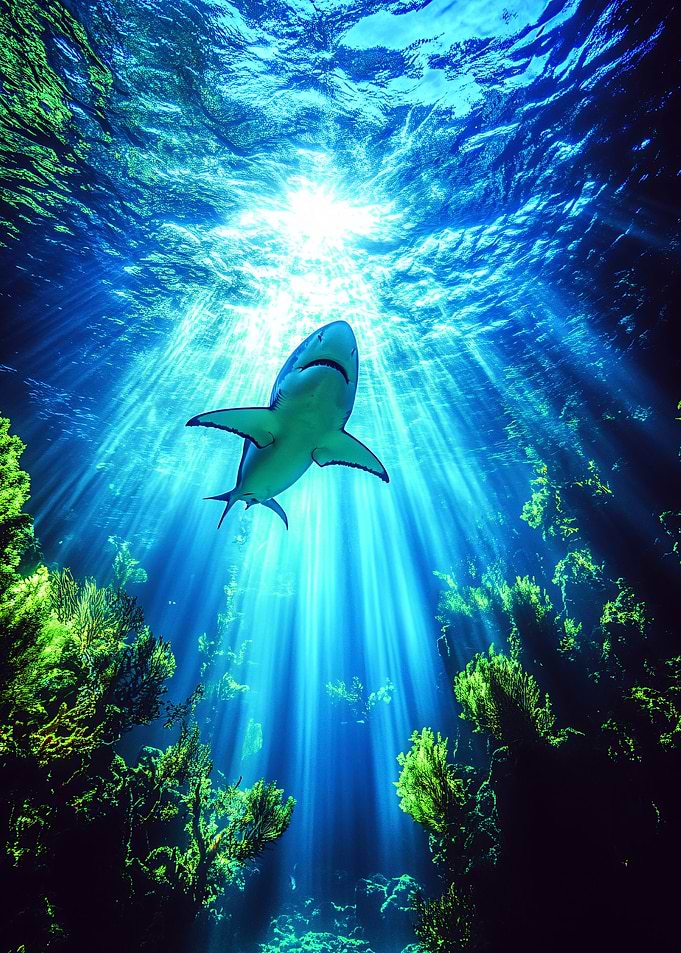 Shark swimming in sunlit ocean depths