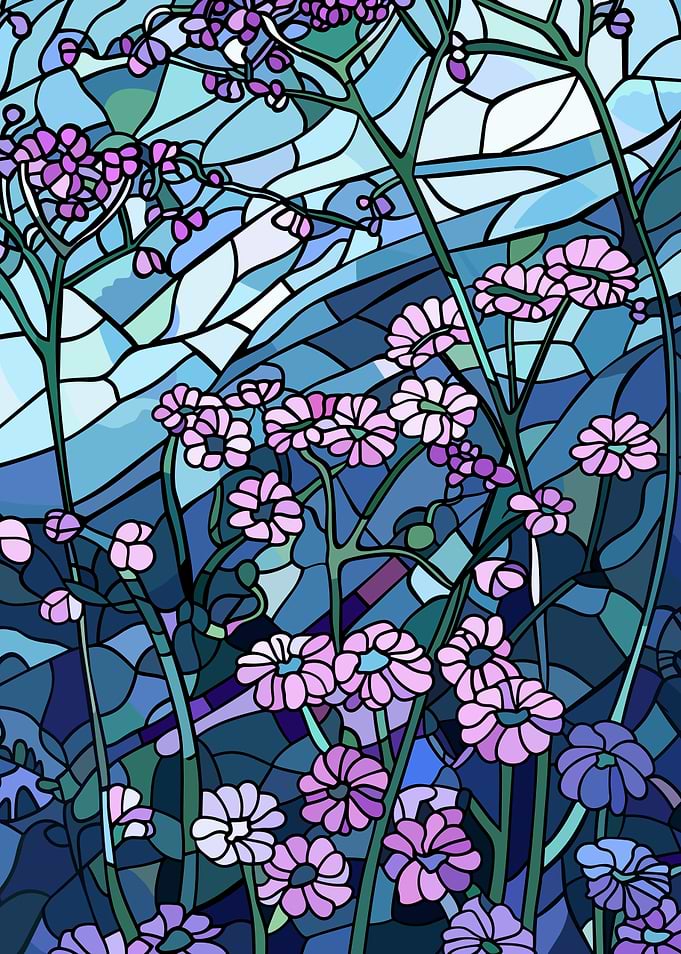 Stained Glass Floral Landscape