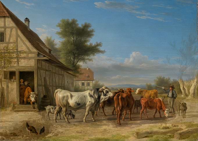 Farm scene with cattle and people
