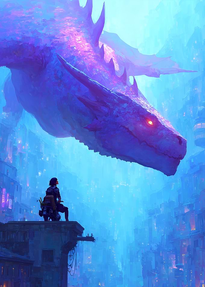 Dragon over a futuristic city